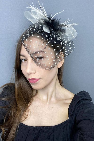 Hobigram Black and White Polka Dot Wedding Hat Voilet Sare Bridal Accessory Hair Accessory