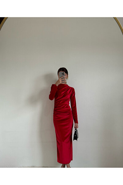 ZDABOUTİQUE Velvet Shoulder and Waist Part Draped Long Sleeve Women's Dress w...