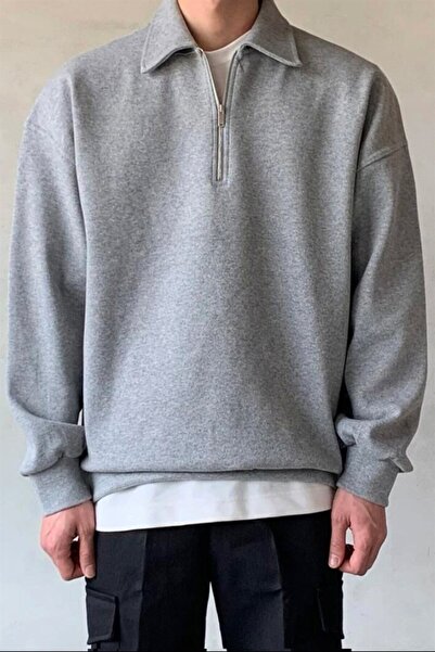 PLA STORE Hanorac gri cu jumătate de fermoar