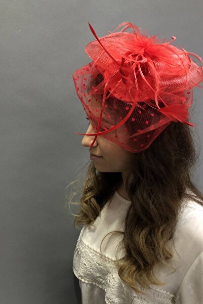 Hobigram Κόκκινο πουά καπέλο γάμου Vualet Sare Νυφικό αξεσουάρ Αξεσουάρ μαλλιών