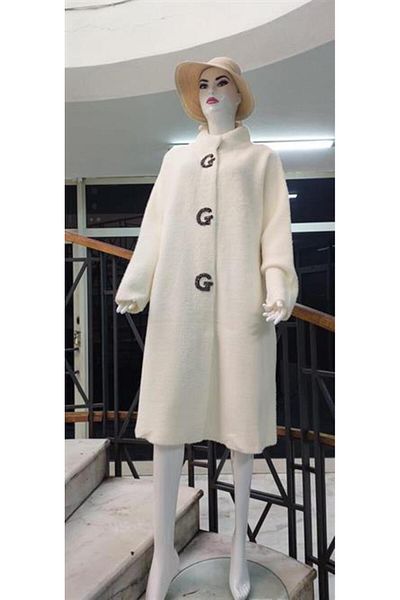 Bohem Stil Italian Pula Stone Detailed Long Angora Coat (120 CM)