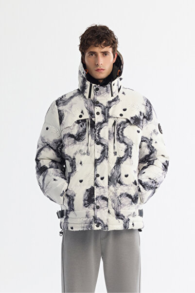 Avva Ανδρικό ασπρόμαυρο αδιάβροχο αντιανεμικό παλτό σκι με λεπτομέρεια από γούνα K με κουκούλα Comfort Fit A42Y6088