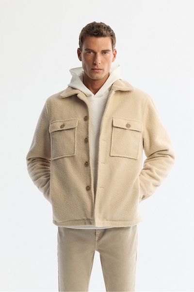 Avva Men's Beige Classic Lapel Windproof Plush Coat with Thermometer A42Y6085