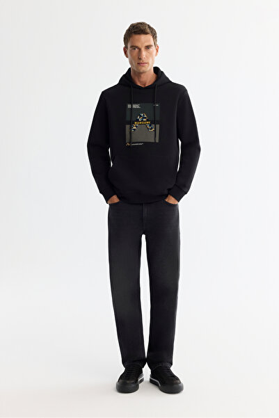 Avva Erkek Siyah Kapüşonlu Pamuklu Baskılı Elastan Regular Fit Sweatshirt A42Y1321