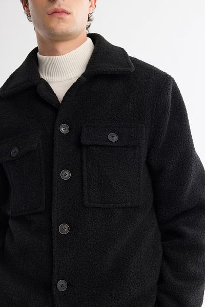Avva Men's Black Classic Lapel Windproof Plush Coat with Thermometer A42Y6085
