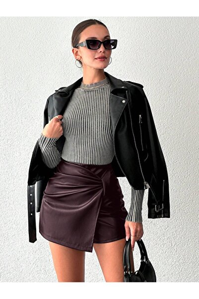 SERBA Pu Δερμάτινη κοντή φούστα με φερμουάρ