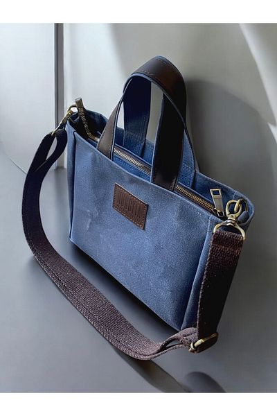 Nuggita Mini Size Zippered Waxed Canvas Indigo Blue Handbag / Cross Strap