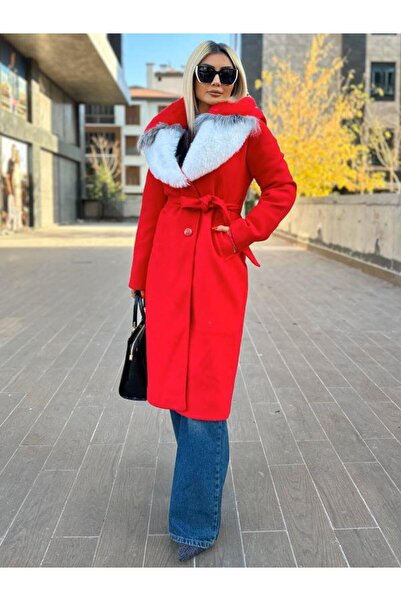 Kokoşum Butik Червоний 3850 Модель з коміром і рукавами з хутром Кашемірний п...