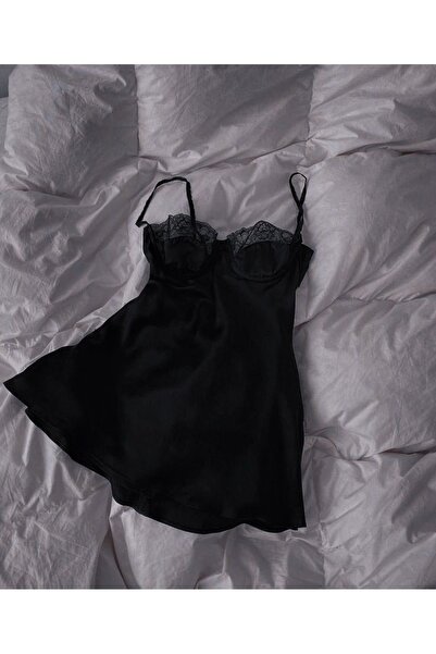 SanalBarkod Saten Siyah Balenli Mini Gecelik Kadın İç Giyim Elbise