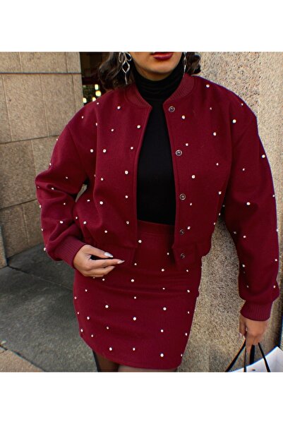 AÈC PRIVÈ New Season Premium Women's Jacket - Burgundy Rhinestone Yilbashi, Special Stamp Skirt Set 777
