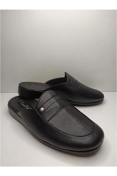 Pierre Cardin 288-1 Ανδρικές μαύρες δερμάτινες παντόφλες με ένθετο προίκας γαμπρού