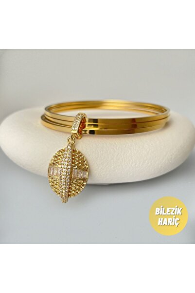 nerora Oval Desenli Taşlı Altın Kaplama Gold Ajda Charm