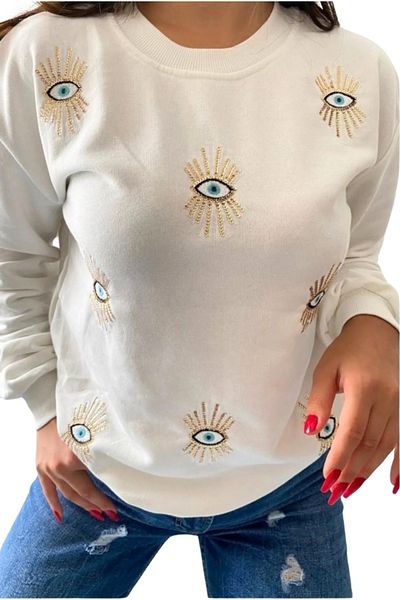 Cassime Women's New Season White Eye Sequin and Embroidery 100% Cotton Oversize Sweatshirt