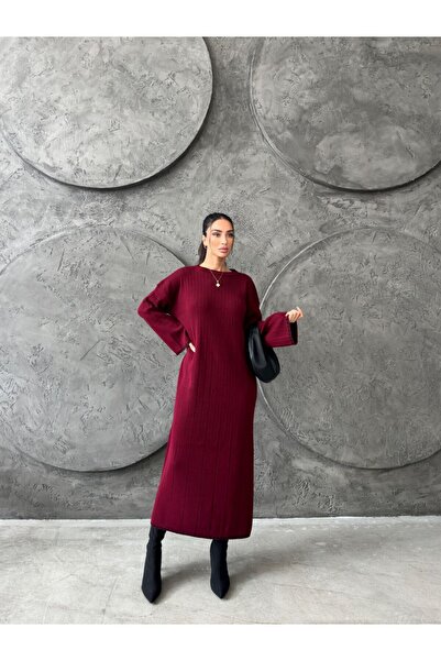 KUPAKIZI KADIN BORDO UZUN OVERSİZE ELBİSE