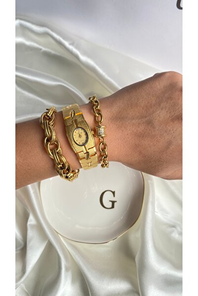 GAMZE 24K ÇELİK VİNTAGE SAAT VE ÇELİK BİLEKLİK SETİ