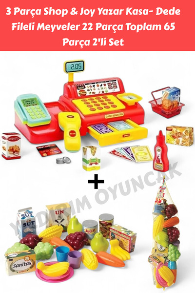 YILDIRIM OYUNCAK 43 Parça Shop & Joy Yazar Kasa- Dede Fileli Meyveler 22 Parç...