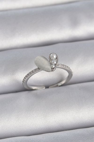 Skygo White Enamel Heart Model Zircon Stone Women's Ring - Brass Silver Color Adjustable Tj-Byk3377