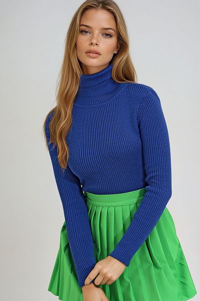 VAGGON Women's Saks Blue Turtleneck Ribbed Knitwear Sweater Vgn-X9381