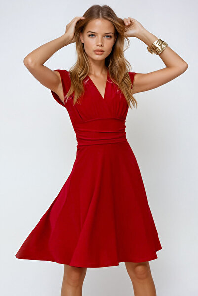 VAGGON Women's Red Women's Red V-Neck Waist Corset Detailed Flared Dress Prmx12153