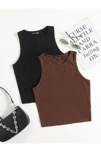 Lorya Giyim Kadın 2'li Paket %100 Pamuklu Örme  Fitilli Kaşkorse  Crop  Bluz ...
