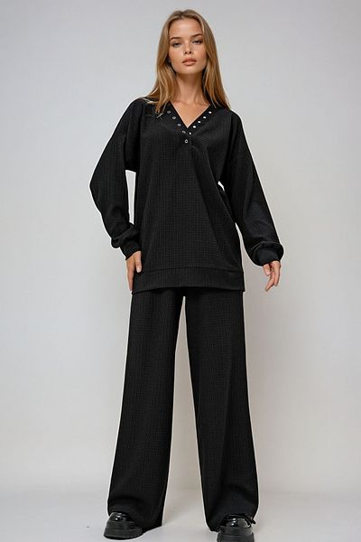 VAGGON Black V-Neck Snap Blouse and Wide-Leg Pants Set - Prmx13072