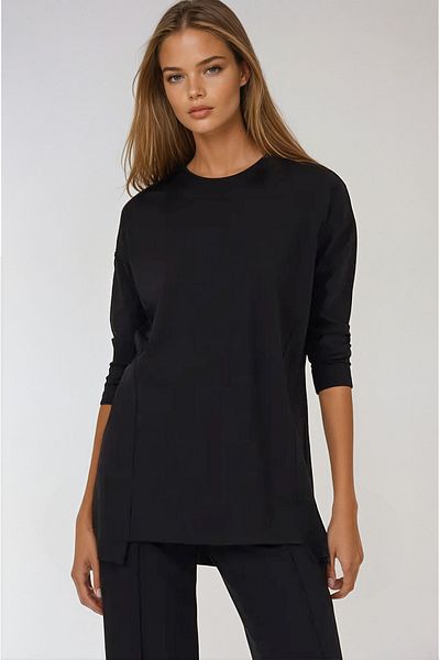 VAGGON Μαύρη Oversize Basic Μπλούζα - Εποχιακή με λαιμόκοψη και λεπτομέρεια σκισίματος Vgn-x9035
