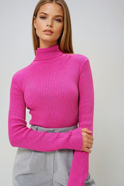VAGGON Women's Fuchsia Turtleneck Ribbed Knitwear Sweater Vgn-X9381