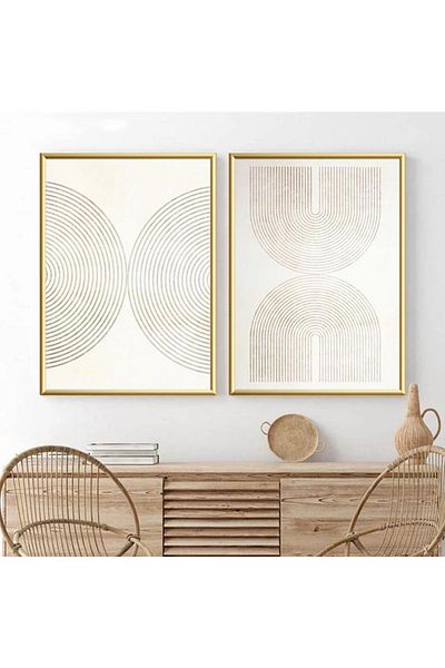 Linacci Set de picturi din sticlă cu poster geometric crem cu cadru dublu din metal auriu