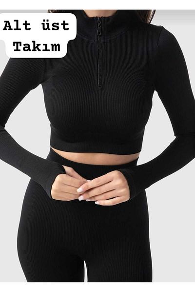 moa socks Women's Black Sports Set High Waist Tights Set Zippered Crop Recovery Seamless Fitness Outfit