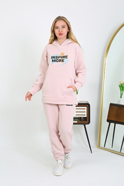 Cliff Kadın Sweat 3 Iplik Eşofman Takımı Yandan Cepli Alt Üst Yumuşacık Içi Polarlı Özel Baskılı