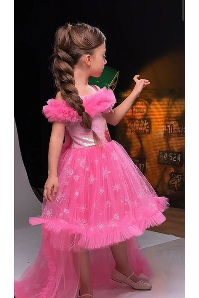 ABİYEKİDS Παιδικό βραδινό φόρεμα Elsa σε ροζ γκλίτερ στυλ - με ουρά, ABY184