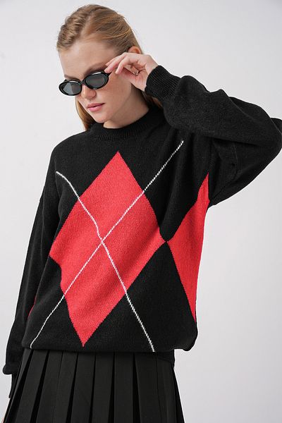Bigdart 15895 Oversize-Strickpullover mit Rautenmuster – Schwarz
