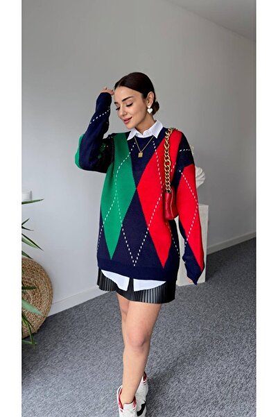 sportiness Pulover oversize din tricot cu model diamant