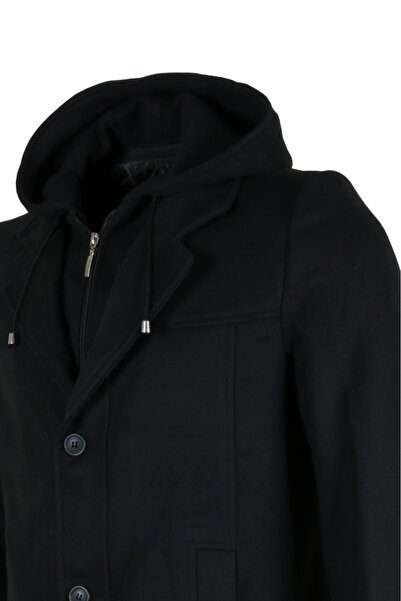 Modarar Men's Hooded Regular Fit Black Stamp Coat Rar01268