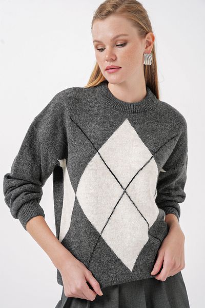 Bigdart 15895 Oversize pletený svetr s diamantovým vzorem – antracit