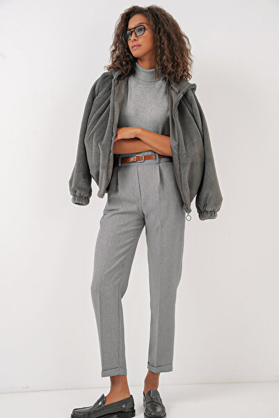 Bigdart 6686 Women's Pleated Belt Fabric Trousers - Gray