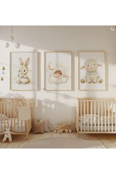 Home Σετ 3 Cute Sleeping Lamb Παιδικό και βρεφικό δωμάτιο 3 τεμαχίων Μπεζ χρώμα Σετ αφίσας χωρίς πλαίσιο