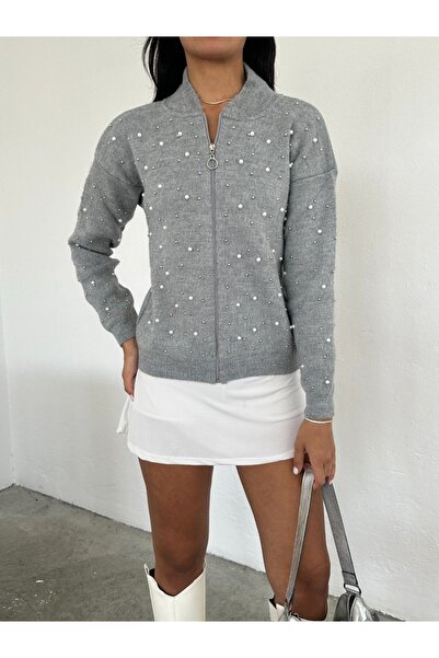 sportiness Sportiness Women's Pearl Zippered Knitwear Cardigan