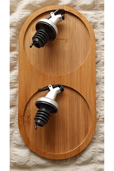 TARIK HOME Set of 2 Bamboo 2-Compartment Oil Pot Coaster with -&- 2 Lids Bottle End Serving Apparatus