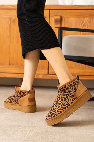 Cananın Pabuçları Leopard Print Winter Ultra Mini Feather Boots