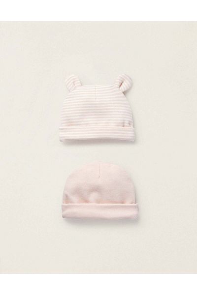 Ziddy PACK OF 2 COTTON BEANIES FOR NEWBORN GIRLS, WHITE/PINK