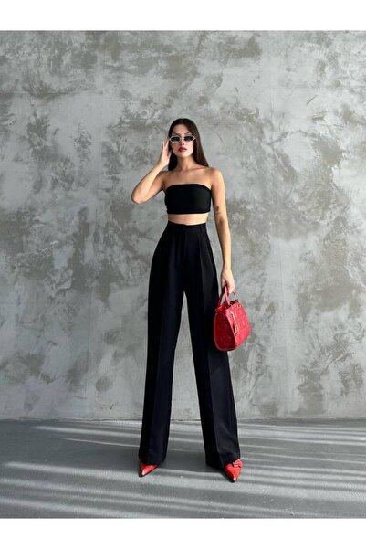 Bak'ap Pantaloni premium din material plaszo plisat cu talie înaltă