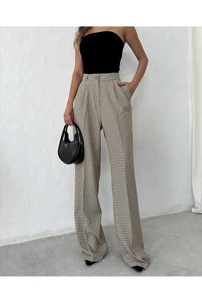 Bak'ap High Waist Pleated Gingham Plaid Plaszo Fabric Pants