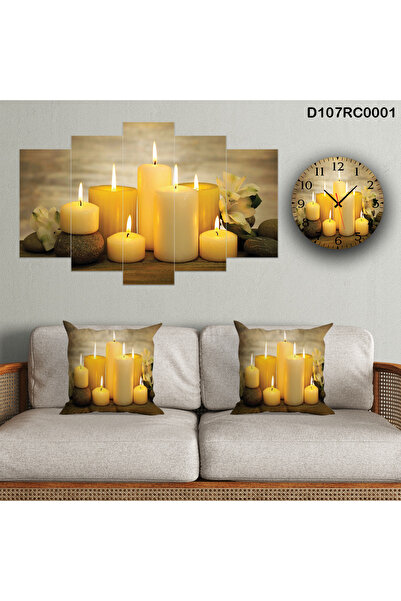 A2ZTR Takım 6 Parçalı Dekoratif Ahşap Duvar Tablosu Ve Saati Ve 2'lı Kırlent ...