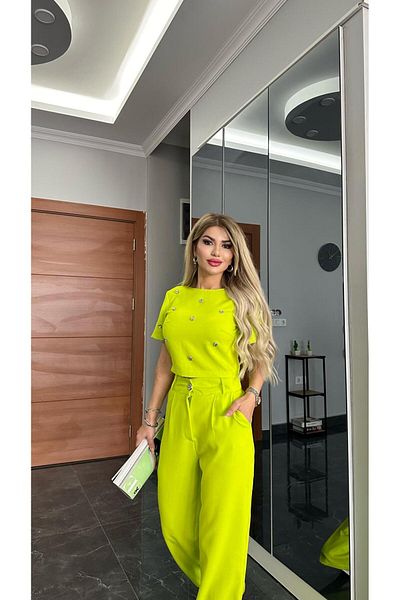 decision fashion Imported Woven Fabric Pants Suit Special Stone Detail