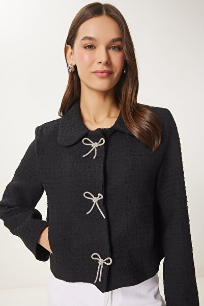 Lovelyİstanbul سترة أنيقة من التويد مع تفاصيل فيونكة سوداء LTO0043