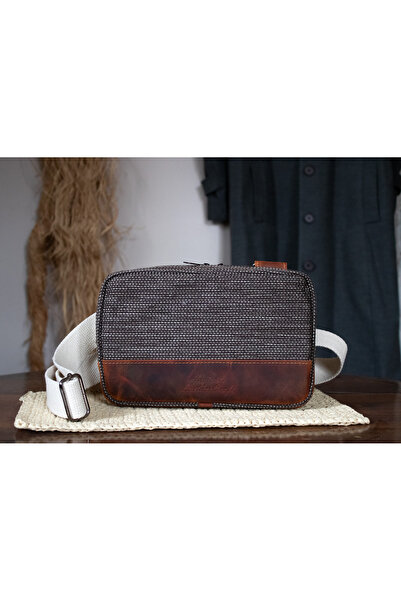 Ancient Leather Craft Hakiki Deri Ve Keten Kumaş El Yapımı Çapraz Çanta - Bel...
