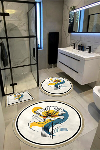 Ardizayn سجادة حمام مستديرة بقاعدة منسوجة من Bohemian Magnolia (100X100-60X60-40X60 سم، مجموعة من 3 قطع)