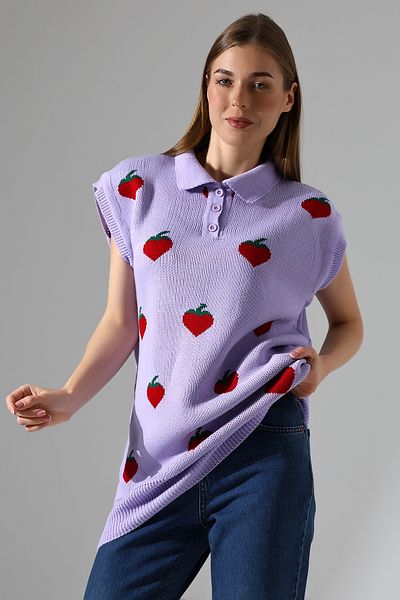 amcacom Strawberry Patterned Buttoned Long Sweater