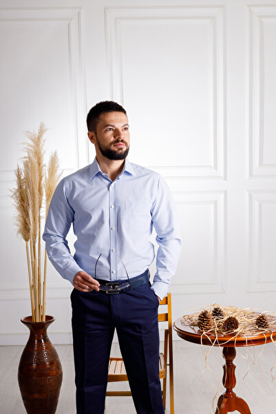 Sarar Cămașă albastru deschis din bumbac cu model în carouri Eleta, cu buzunare